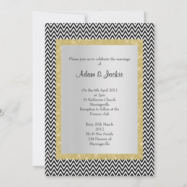 Invitación Boda ELEGANT CLASSY de oro de chevron blanco negro (Anverso)