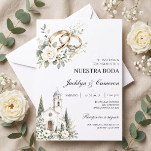 Invitación Boda elegant con Iglesia, Anillos dorados