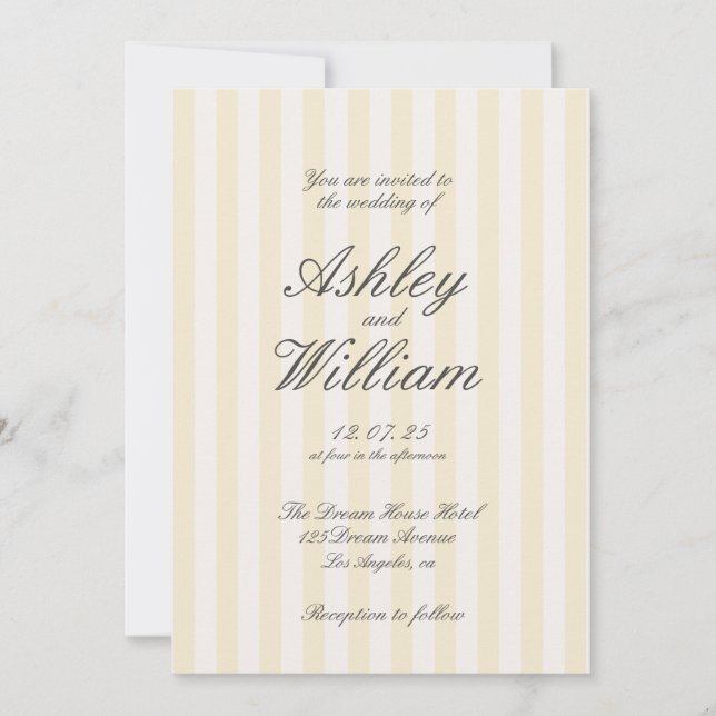 Invitación Boda elegante a rayas amarillo (Anverso)