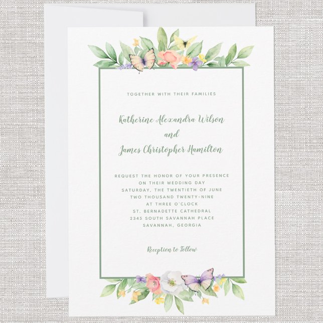 Invitación Boda elegante acuarela floral mariposa verde (Elegant Wedding Watercolor Floral Butterfly Green Invitation)
