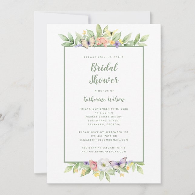 Invitación Boda elegante acuarela floral mariposa verde (Anverso)