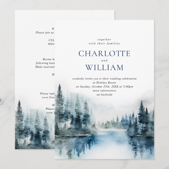 Invitación Boda Elegante Acuarela Montañas Bosque (Anverso / Reverso)