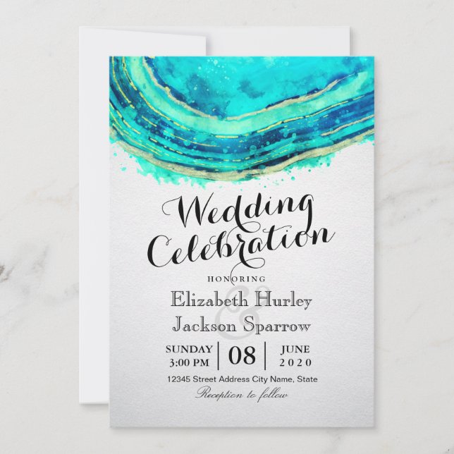 Invitación Boda Elegante acuarela Verde azulada y oro agate g (Anverso)