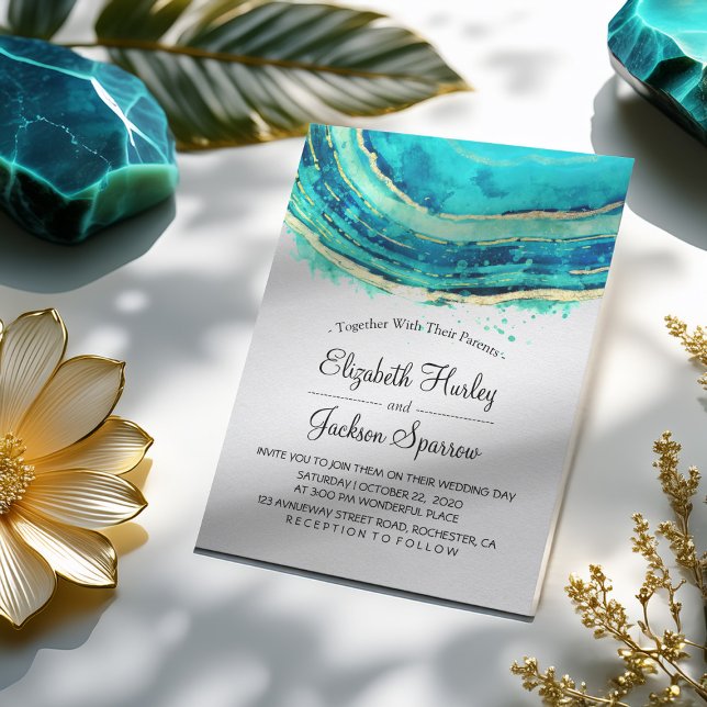 Invitación Boda Elegante acuarela Verde azulada y oro agate g (Subido por el creador)