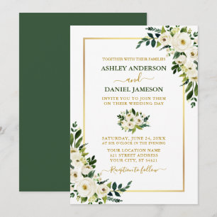 Invitación Boda elegante acuarela verde floral blanco dorado