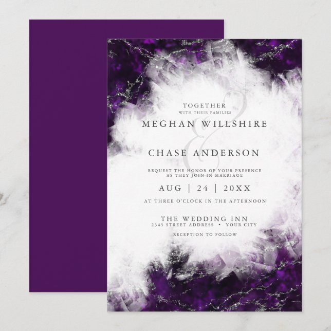 Invitación Boda | Elegante Amethyst Crystal Geode Invitati (Anverso / Reverso)