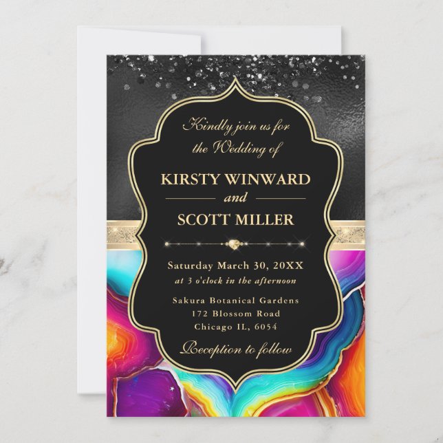 Invitación Boda Elegante Arcoíris Ágata Brillo Negro (Anverso)
