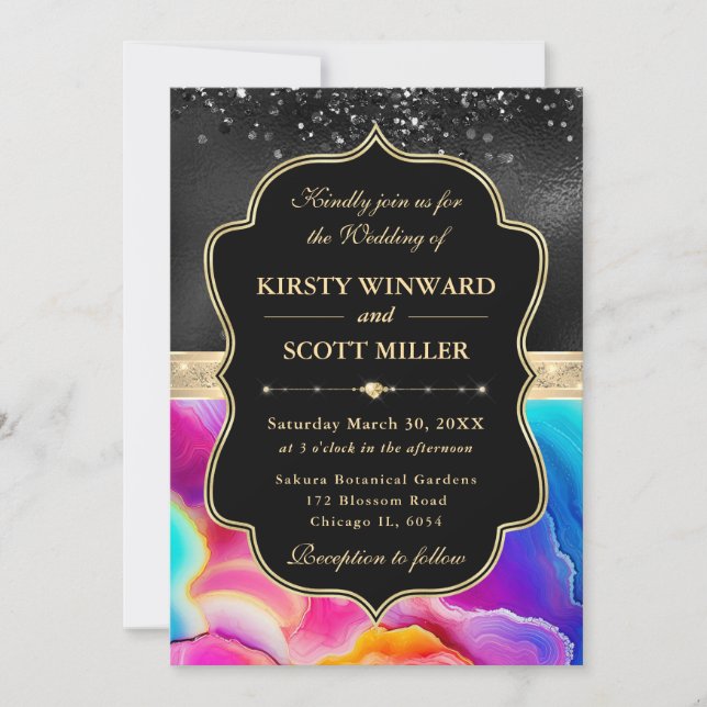 Invitación Boda Elegante Arcoíris Ágata Brillo Negro (Anverso)