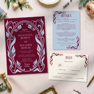 Invitación Boda elegante Art Nouveau con borgoña y azul polvo