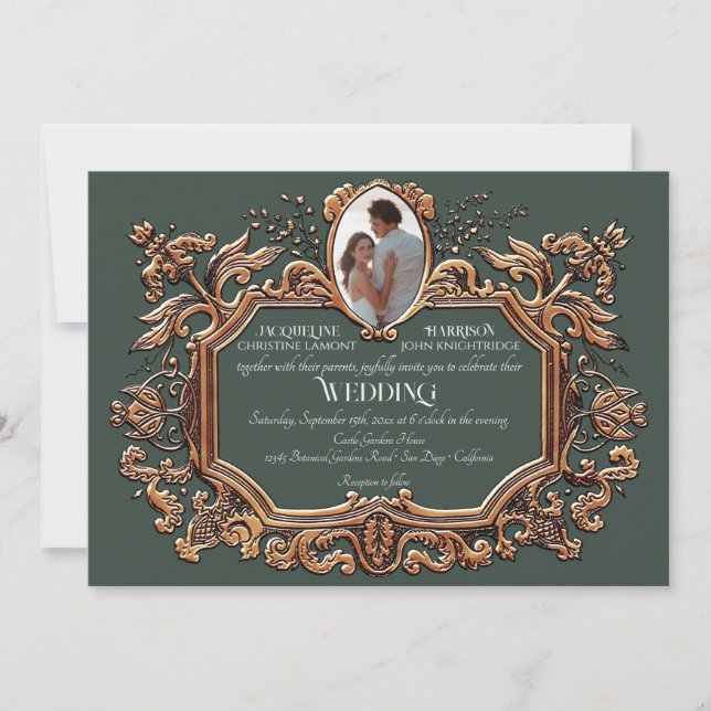 Invitación Boda elegante Art Nouveau Gold y Green Photo (Anverso)