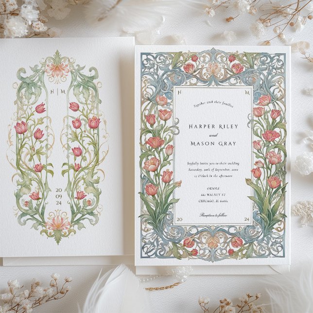 Invitación Boda elegante Art Nouveau Red Tulips (Subido por el creador)
