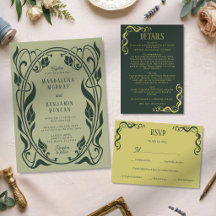 Boda elegante Art Nouveau verde oscuro bosque