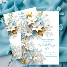 Boda elegante azul blanco encaje flores doradas