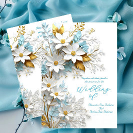 Invitación Boda elegante azul blanco encaje flores doradas