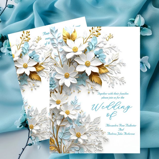 Invitación Boda elegante azul blanco encaje flores doradas (Subido por el creador)
