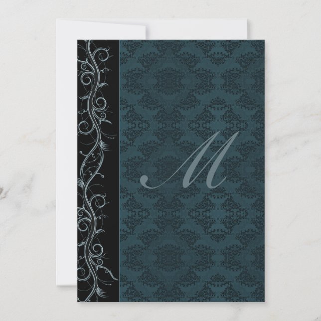 Invitación Boda elegante azul damasco (Anverso)