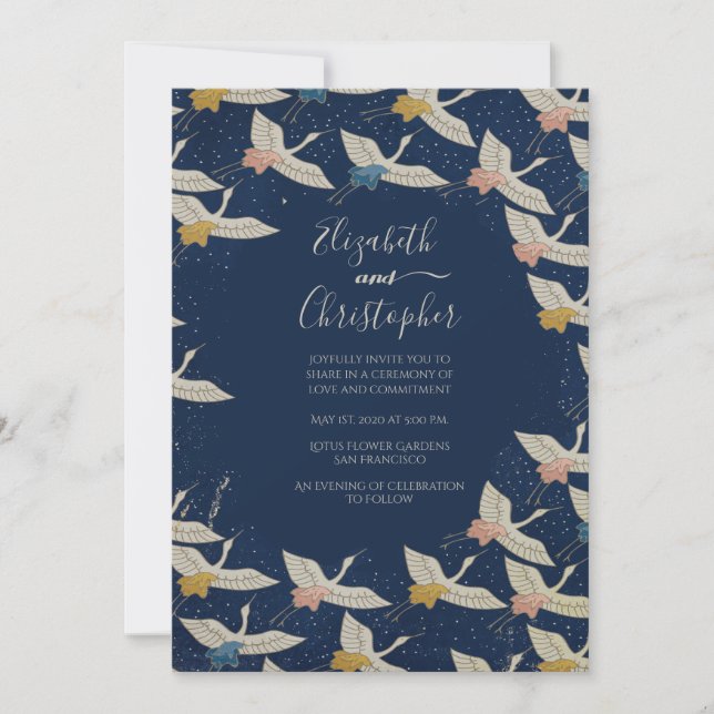 Invitación Boda Elegante Azul de Grúa Vintage Japonesa (Anverso)