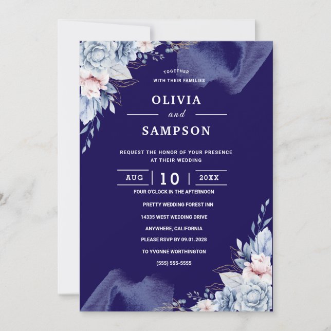 Invitación Boda elegante azul marino (Anverso)