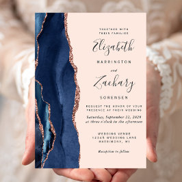 Invitación Boda Elegante Azul Marino Ágata Rosa Dorado