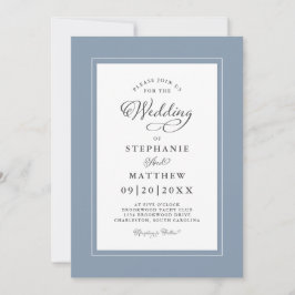 Invitación Boda elegante azul polvoriento con caligrafía mode