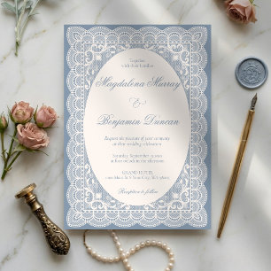 Invitación Boda elegante azul polvoriento de encaje marfil vi
