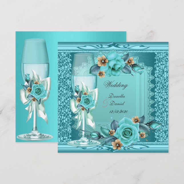 Invitación Boda elegante azul teal beige rosas flores (Anverso / Reverso)