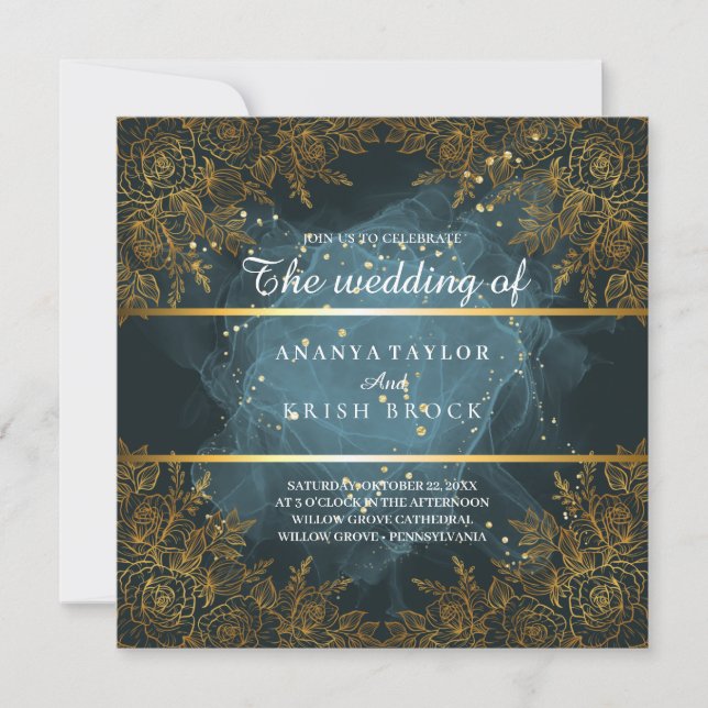 Invitación Boda elegante azul y negro (Anverso)
