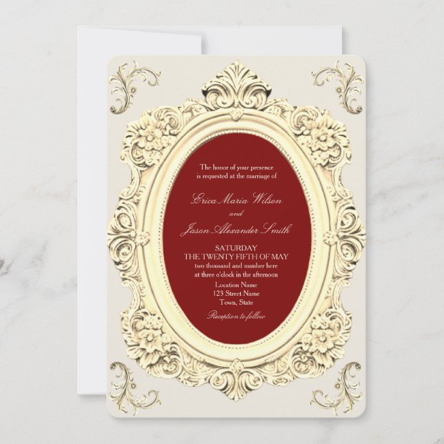Invitación Boda elegante barroca en dorado y burdeos (Anverso)