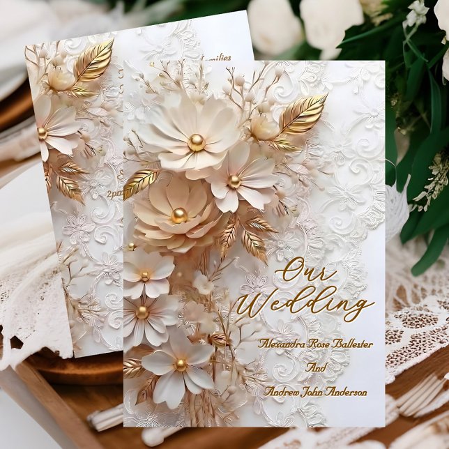 Invitación Boda elegante beige blanco encaje flores doradas (Subido por el creador)