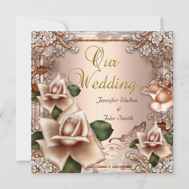 Invitación Boda elegante beige crema oro rosa (Anverso)