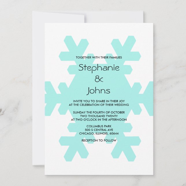 Invitación Boda elegante blanca azul Verde azulada con copo d (Anverso)