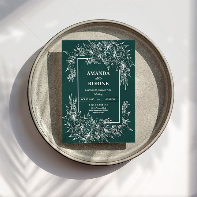 Invitación Boda elegante blanca de flor verde (Subido por el creador)