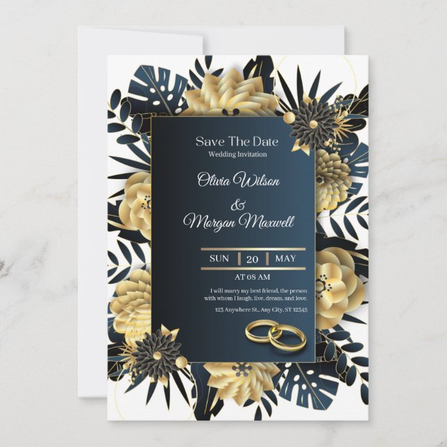 Invitación Boda elegante blanca y dorada (Anverso)
