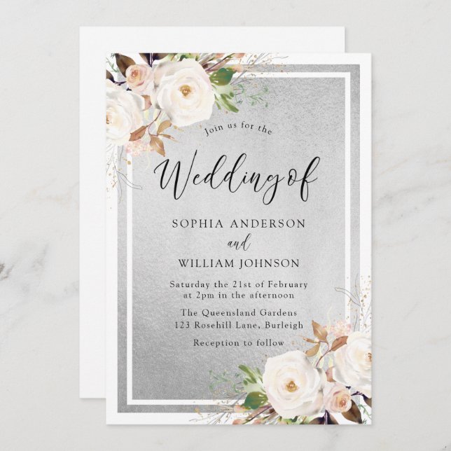 Invitación Boda elegante blanca y Rubor con flores plateadas (Anverso / Reverso)