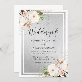 Invitación Boda elegante blanca y Rubor con flores plateadas