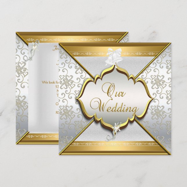 Invitación Boda Elegante Blanco Plata Oro (Anverso / Reverso)