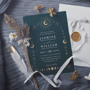 Invitación Boda elegante boho celestial galaxia luna noche