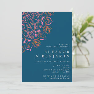 Invitación Boda elegante boho floral mandala azul teal