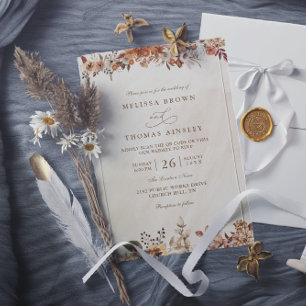 Invitación Boda elegante boho floral neutro marrón con código