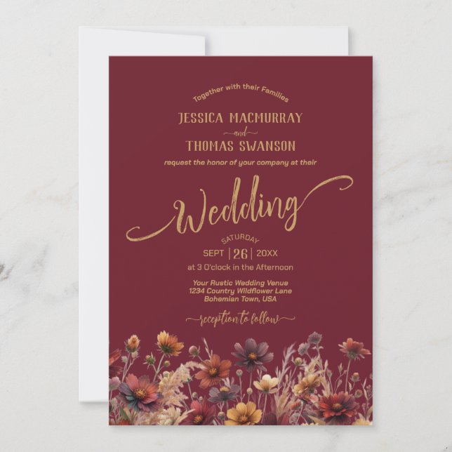 Invitación Boda Elegante Boho Flores Silvestres Burgundy Rúst (Anverso)