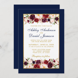 Invitación Boda Elegante Borgoña Floral Dorado Azul