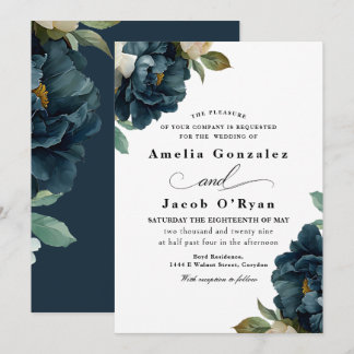 Invitación Boda elegante botánica azul marino