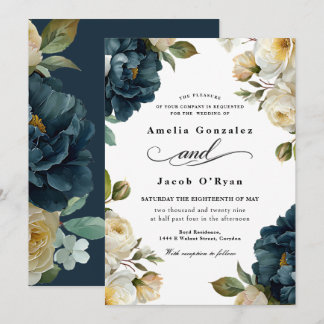 Invitación Boda elegante botánica azul marino