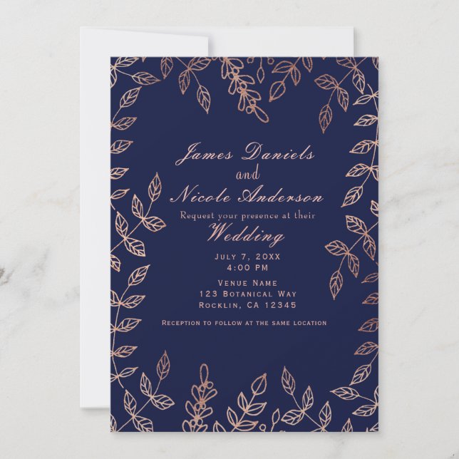 Invitación Boda elegante botánica con glamour en azul y oro r (Anverso)