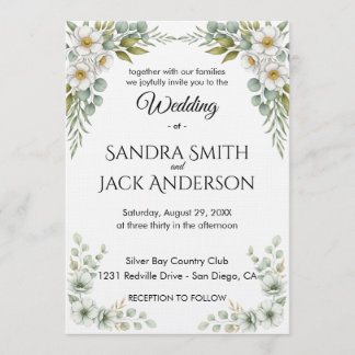 Invitación Boda elegante botánica con vegetación y flores bla