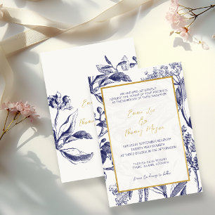 Invitación Boda elegante botánica dorada y azul