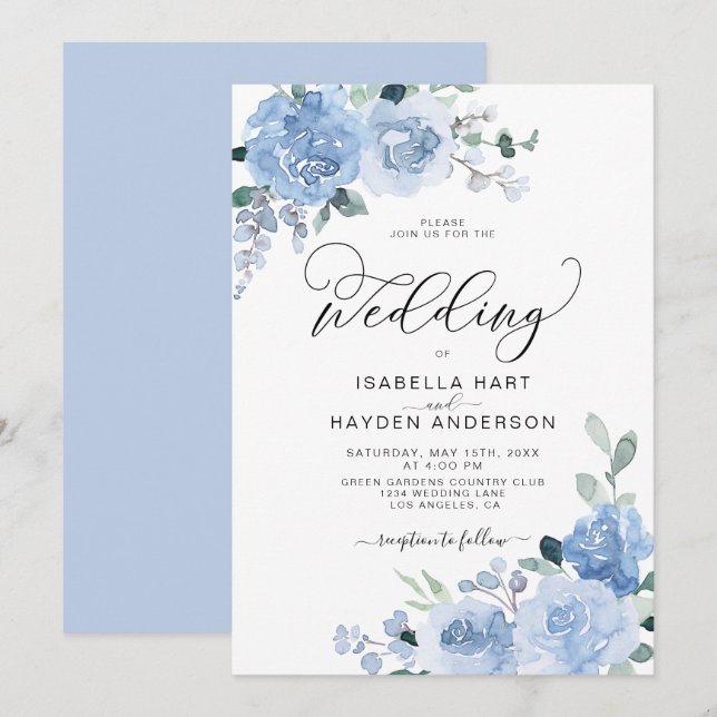 Invitación Boda elegante botánica floral azul claro (Anverso / Reverso)
