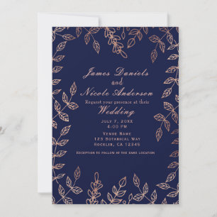 Invitación Boda elegante botánica glamour en azul y dorado ro