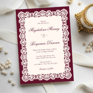 Invitación Boda Elegante Burgundy Encaje Marfil Vintage