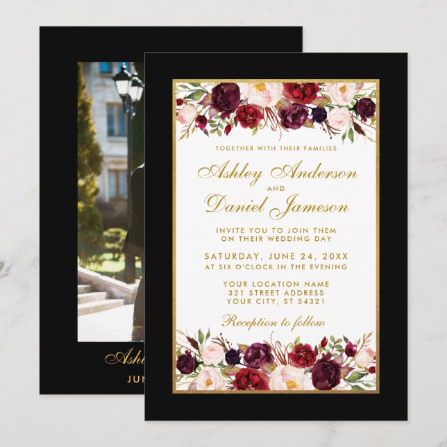Invitación Boda elegante Burgundy Floral Black Gold Photo (Anverso / Reverso)